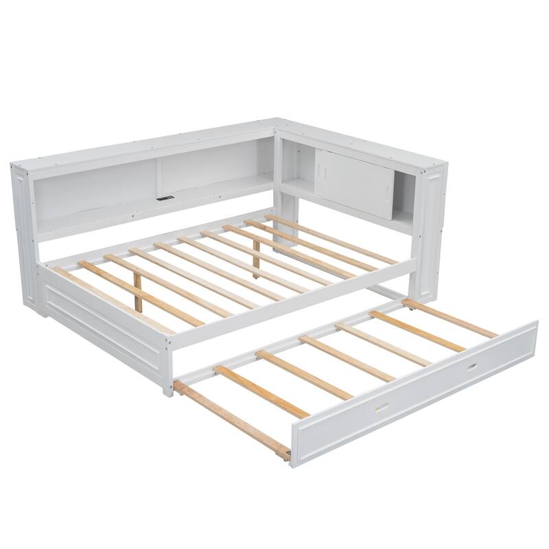 Full Size Daybed with Storage Shelves, USB Charging, LED Lights, and Twin Trundle (600lb Capacity)