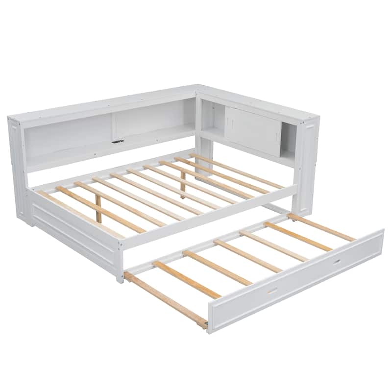 Full Size Wood Daybed with Storage Shelves and USB Port