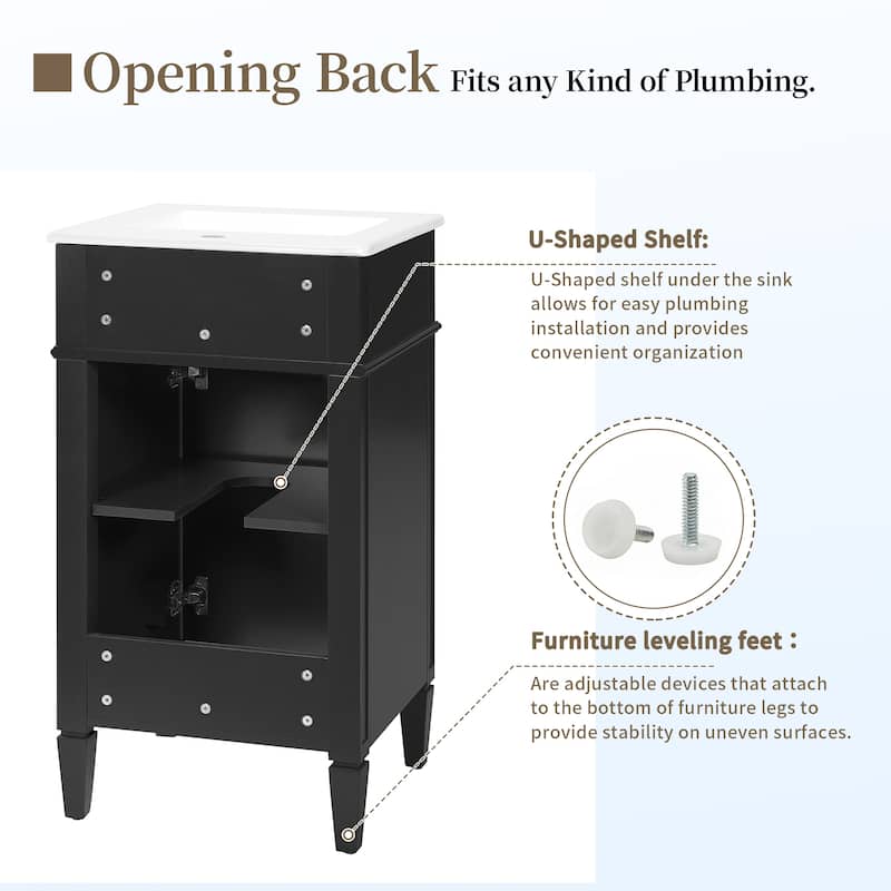18" Freestanding Single Bathroom Vanity with Ceramic Sink, French Style Cabinet with Soft Close Door