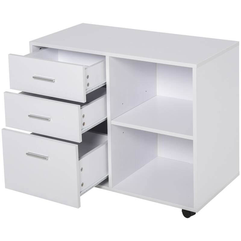 HOMCOM Indoor Office Storage Cabinet with 3 Storage Drawers, Open Shelving, & Wheels