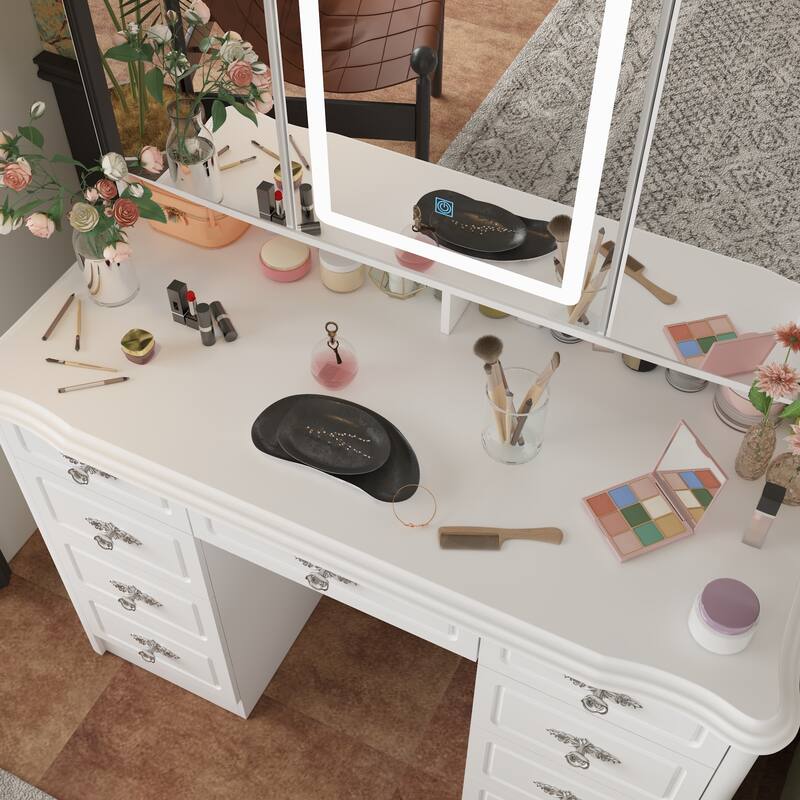 White Makeup Vanity Desk with LED Mirror, 9-Drawer Vanity Table with Storage Cabinets for Bedroom