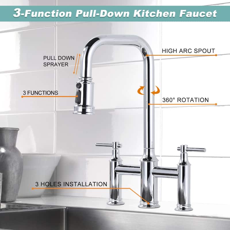 WOWOW Double Handle Bridge Kitchen Faucet with Advanced Spray