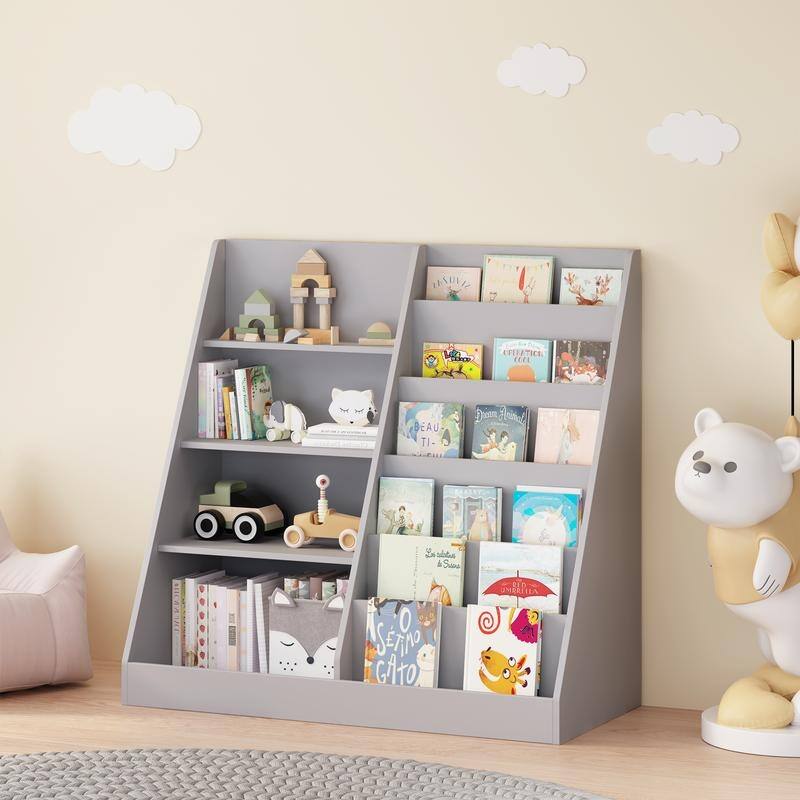 4-Tier Wooden Kids Bookshelf & Toy Organizer with Storage Bin, Modern Display Bookcase for Nursery Playroom