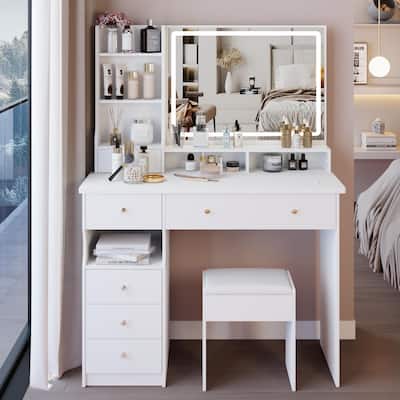 41"Large Size Left Drawer Desktop Vanity Table+Cushioned Stool, Extra Large LED Mirror, Multi Layer High Capacity Dresser