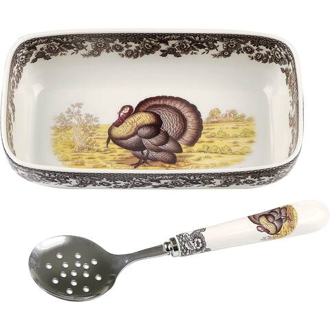 Spode Woodland Cranberry Dish with Slotted Spoon - Turkey