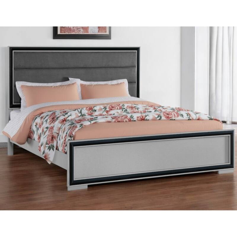 HomeRoots Gray Ribbed Texture Wood And Upholstery Queen Bed Frame - Queen