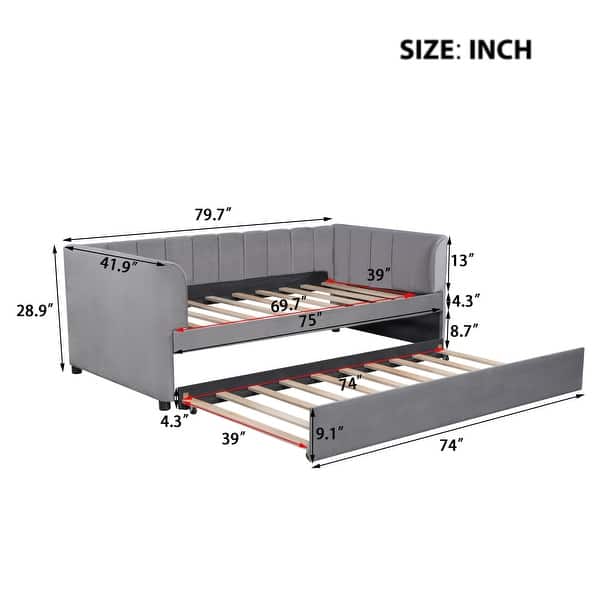dimension image slide 0 of 3, Twin Size Velvet Upholstered Daybed with Trundle Bed and Ergonomic Design Backrest, Apartment Livingroom Sofa Bed