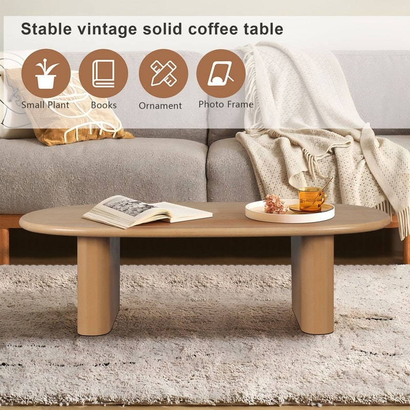 Mieres Wooden Coffee Table, 24" Oval Coffee Table, Small Space Oval Center Table, Cocktail Table with 2 Vertical Thick Feet