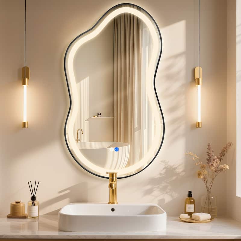 Asymmetrical Framed LED Light Anti-fog 3-Colors Dimmable Irregular Wall Mirror - Black - 20x36