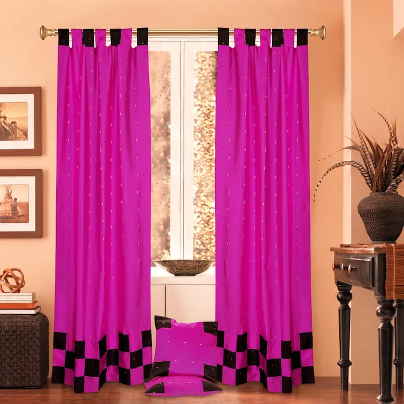 4 Pc Set Indian Sari Curtains & Cushion Covers Boho Tab Top Living Room Bedroom