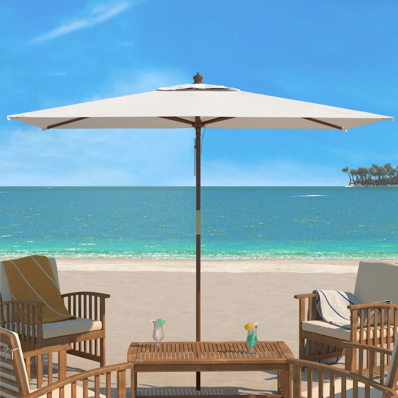 SAFAVIEH Mikalah 10 Foot Rectangle Wooden Pulley Market Umbrella - White