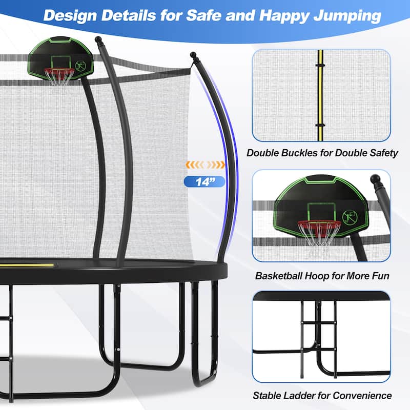 16FT Trampoline with Basketball Hoop for Kids and Adults, Round Outdoor Trampoline with Enclosure Net & Curved Poles & Ladder