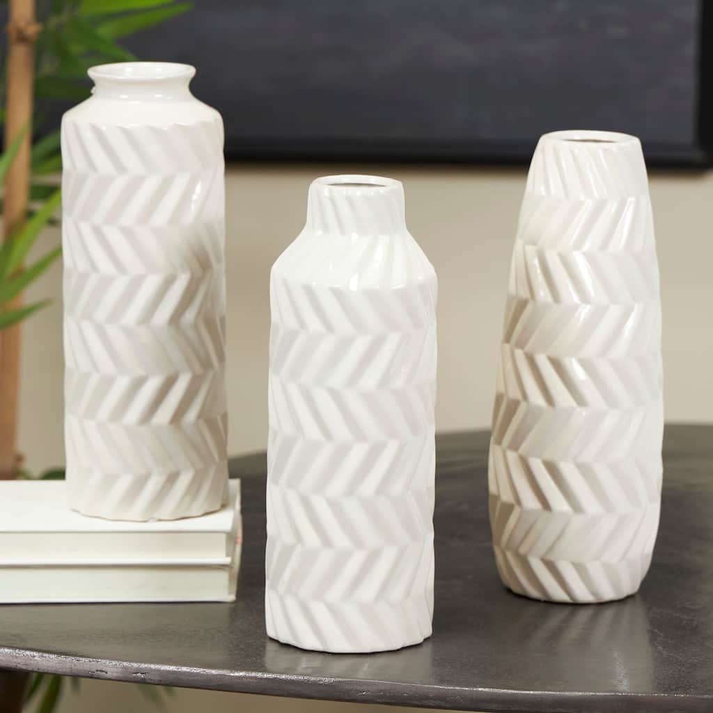 White Ceramic Dimensional Chevron Textured Decorative Vase with Varying Shapes (Set of 3)