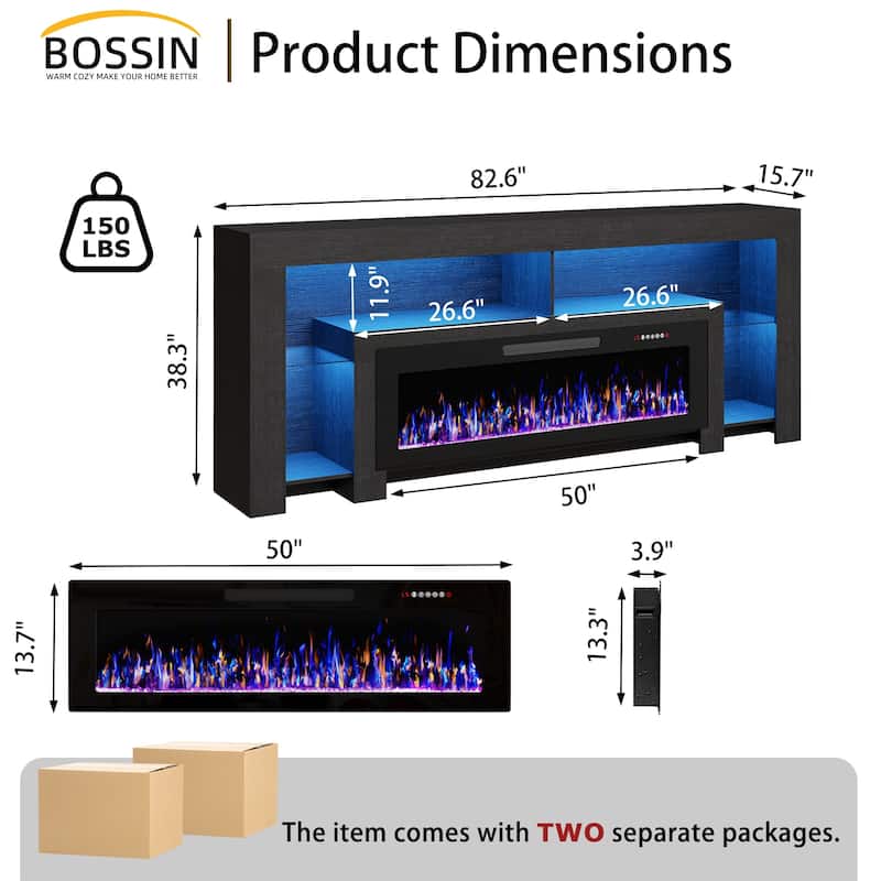 BOSSIN 82" Electric Fireplace TV Stand Entertainment Center, High Gloss with LED Lights, Holds TVs Up to 90 Inches, White