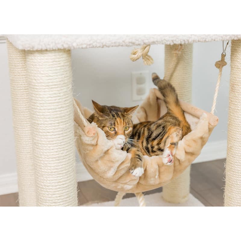 Classic Real Wood Cat Tree In Ivory, Four Levels With Rope Swing - Ivory