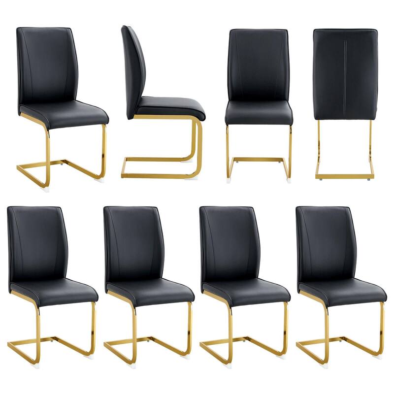 8 Piece PU High Elastic Dining Chair With High Backrest, Cushion, Gold Metal Legs For Dining Room Kitchen Living Room Bedroom - Black