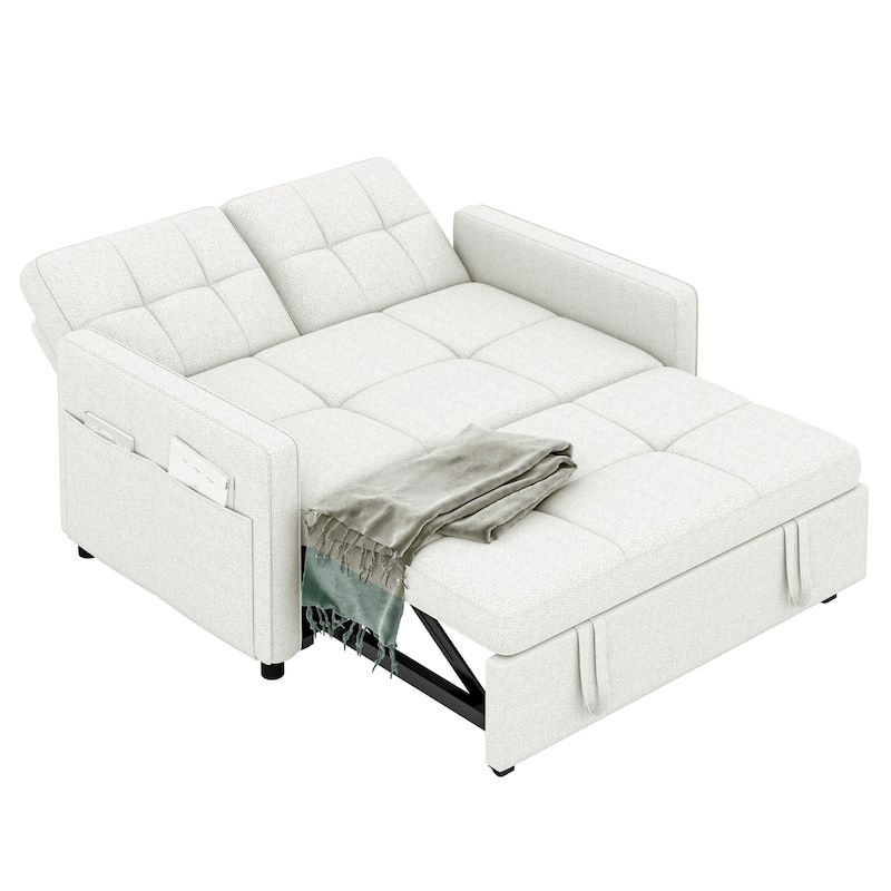 3-in-1 Sleeper Sofa with Iron Frame Pull-Out Bed, Linen Futon Couch with Reclining Backrest and Side Pocket