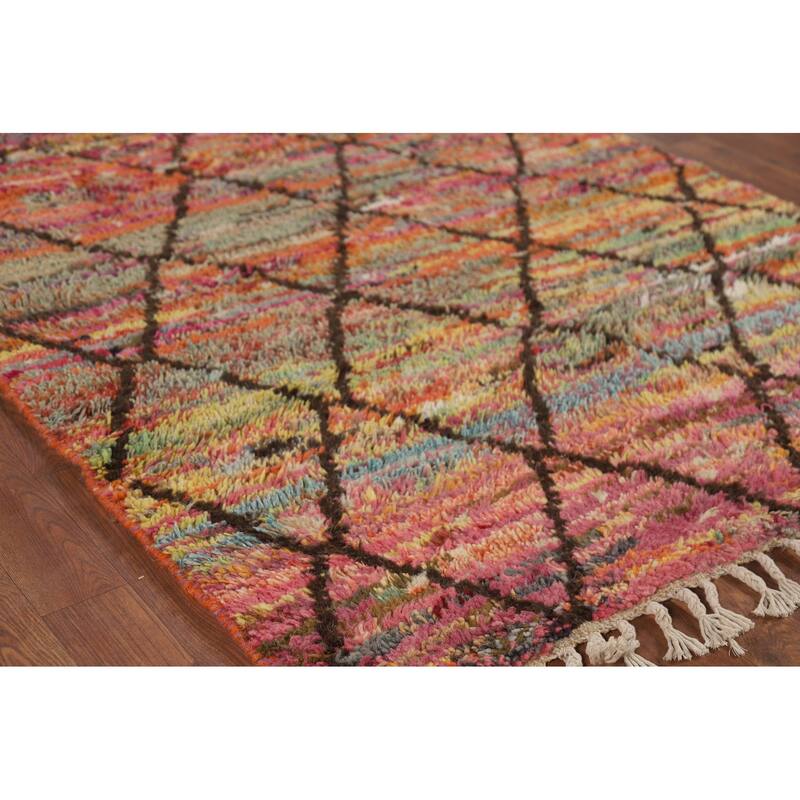 Hand Knotted Oriental 100% Wool Carpet Modern All-Over Multi-Colored Moroccan Area Rug - 6' 8'' X 4' 0''