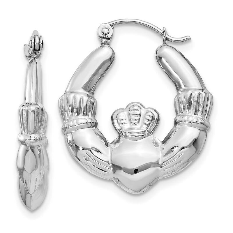 Curata 14k White Gold Small Polished Irish Claddagh Celtic Trinity Knot Hoop Earrings 10x4mm