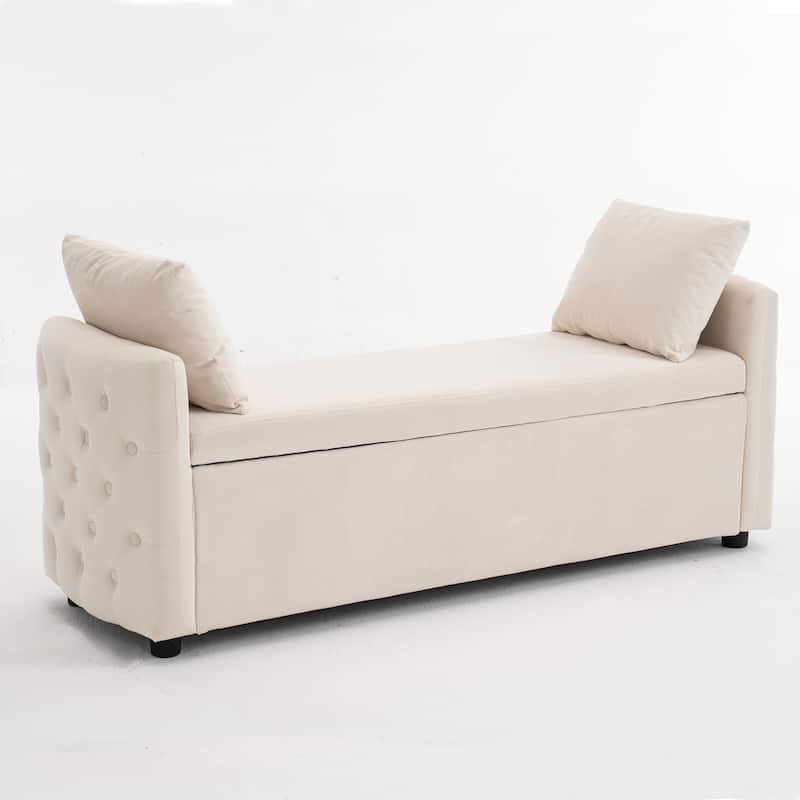 Storage Bench for Bedroom, 60" End of Bed Bench for King Size Bed Modern Upholstered Long Bench with Tufted Arm - Velvet-Ivory White