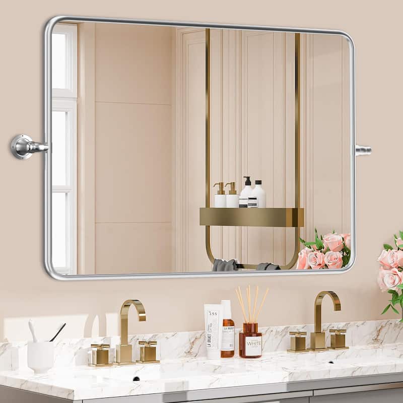 Rectangle Bathroom Tilting Vanity Wall Pivot Mirror, with Rounded Corner Design