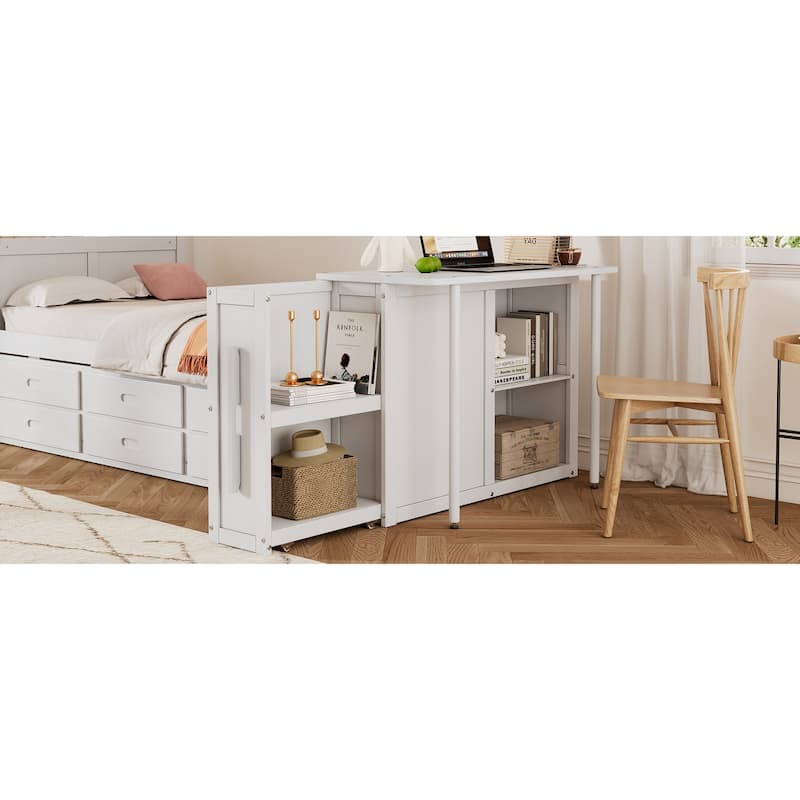 Twin Size Multifunctional Wood Platform Bed with Desk and Storage Shelf at the End of the Bed, Built-in Trundle and 3 Drawers