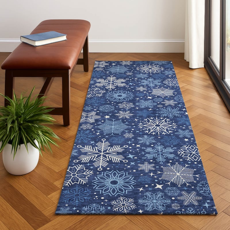Premium Washable Super Soft Winter Snowflake Mayfield Rug - Navy - 2'3" x 7'6"