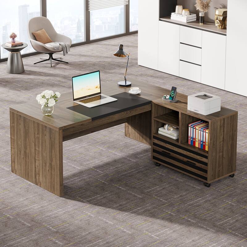62.2" Executive Desk with Mobile File Cabinet, L-Shaped Office Desk