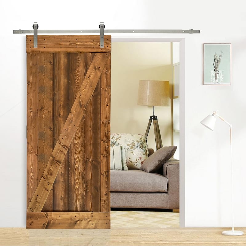 CALHOME Z Bar Series Solid Pine Wood Sliding Barn Door w/ Hardware Kit - Walnut - 30 x 84