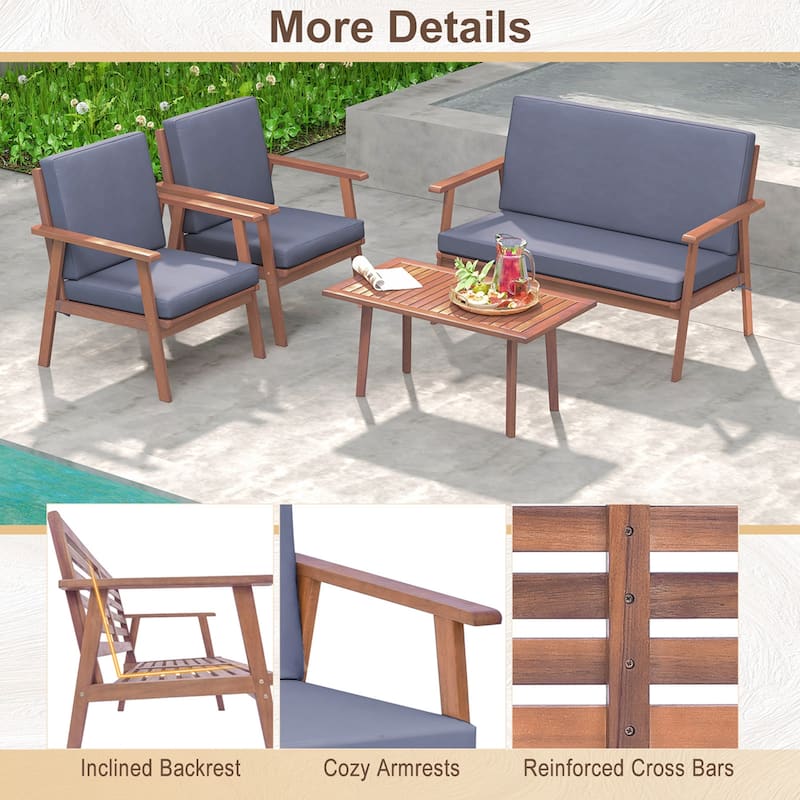 Costway 4 PCS Patio Conversation Set Acacia Wood Sofa Coffee Table - See Details