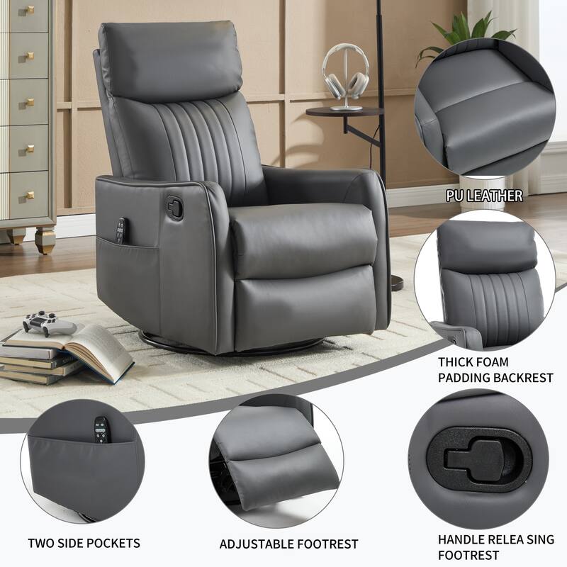 Roomfitters Swivel Rocker Recliner Chair, Manual Faux Leather Massage Armchair with Heat and Glider Motion, Living Room