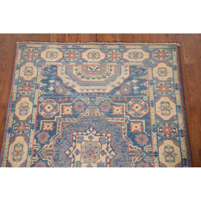 Blue Geometric Kazak Accent Rug Hand-Knotted Wool Carpet - 2'9" x 4'0"