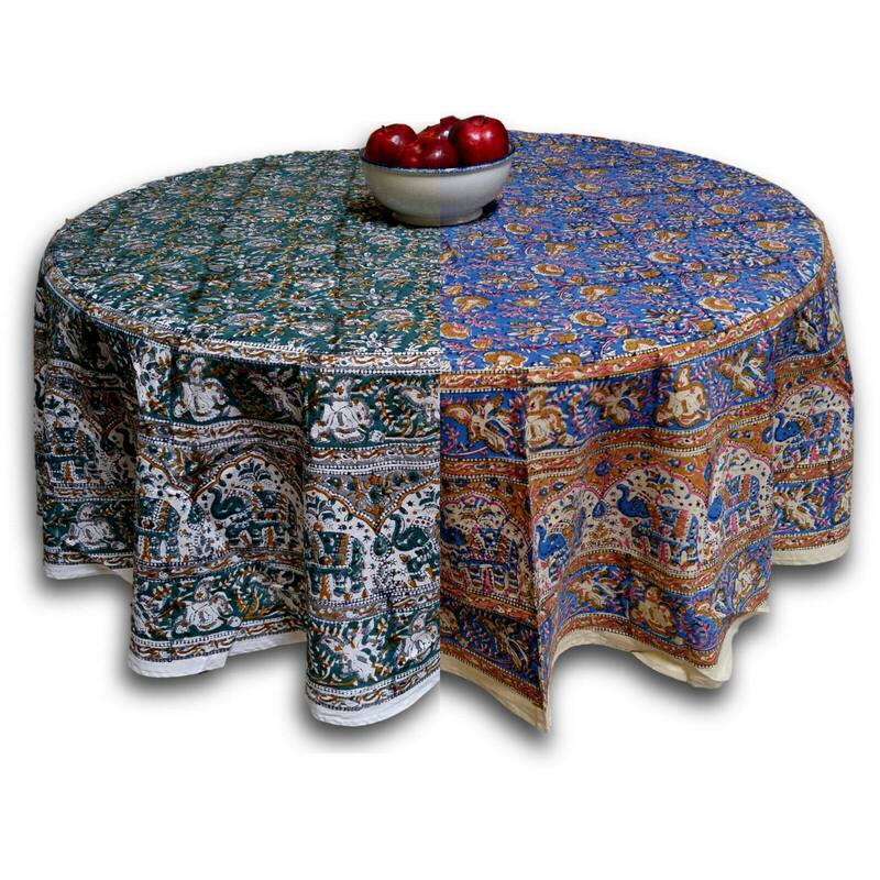Cotton Hand Block Print Elephant Print Floral Tablecloth Round
