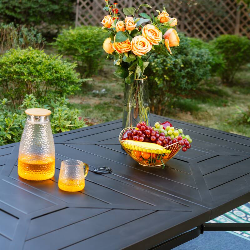 PHI VILLA 7-Piece Patio Dining Set Metal E-coating of 6 Upgraded Back Pattern Chairs & 1 Umbrella Hole Metal Table