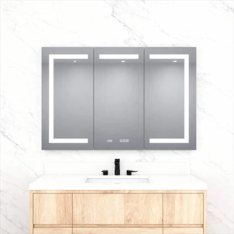 GDFStudio - Delmar Modern Aluminum LED Lighted Medicine Cabinet with Mirror Anti Fog and Digital Clock