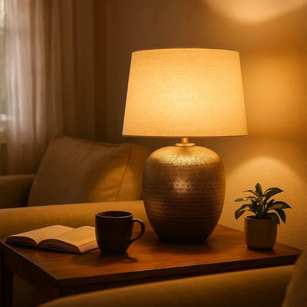 Bellied metal Body Table Lamp with Splotched Details, Brass and Cream