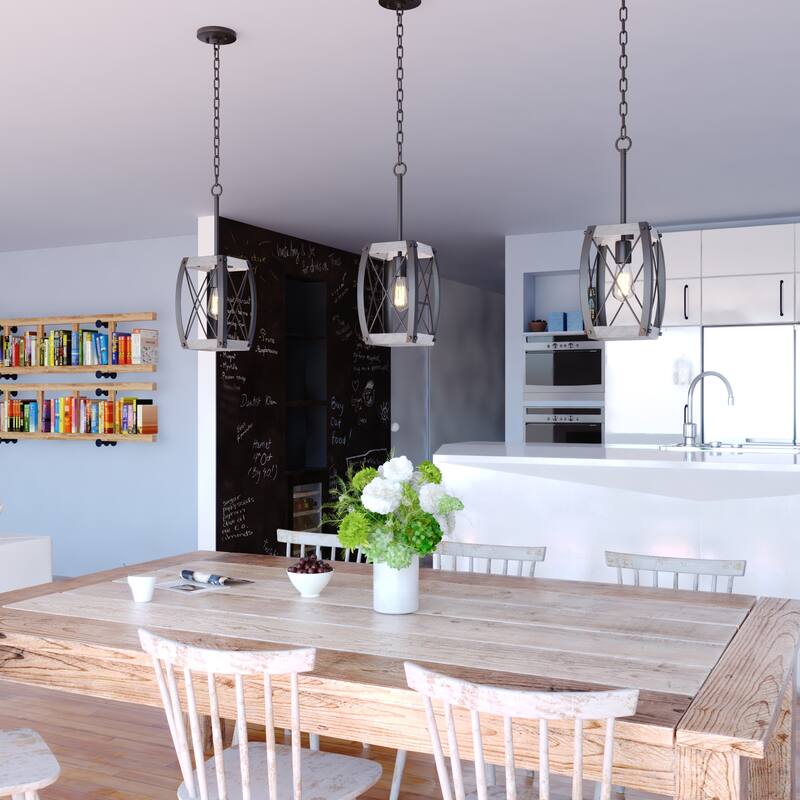 Montclare Black and White Ash Wood Farmhouse Cage Pendant Ceiling Light