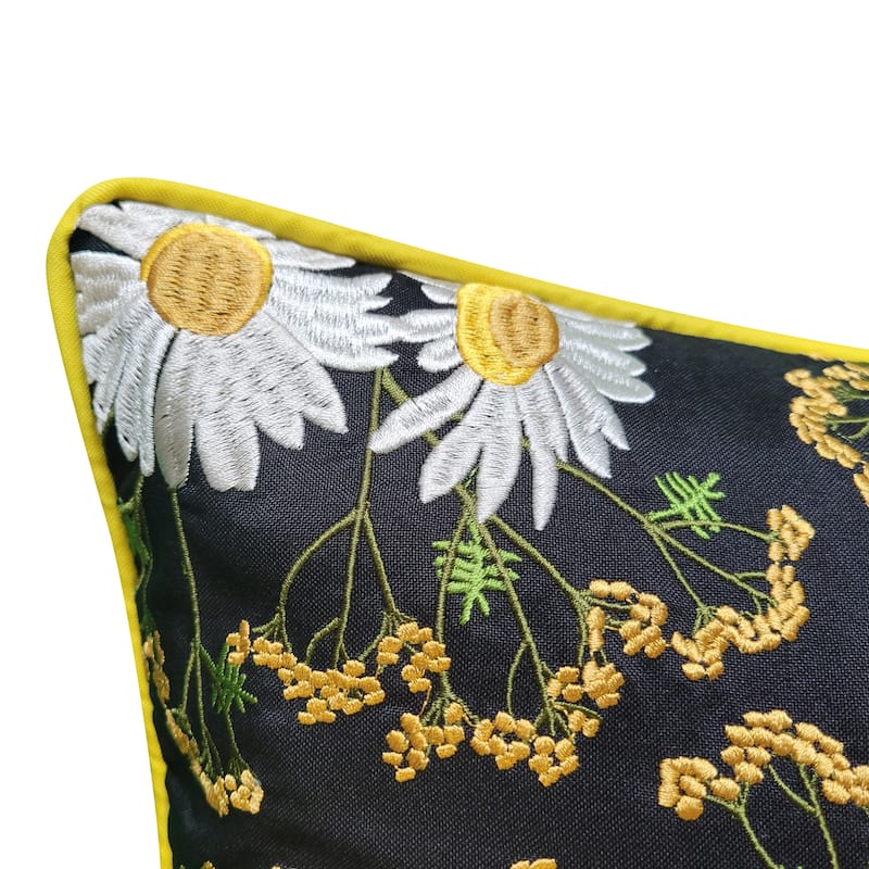 Edie At Home Indoor/Outdoor Floral Print with Allover Embroidery Decorative Throw Pillow 20x20, Black Multi - Black/Multi