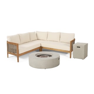 Burchett Outdoor Acacia Wood and Round Wicker 5 Seater Sectional Sofa Chat Set with Fire Pit by Christopher Knight Home