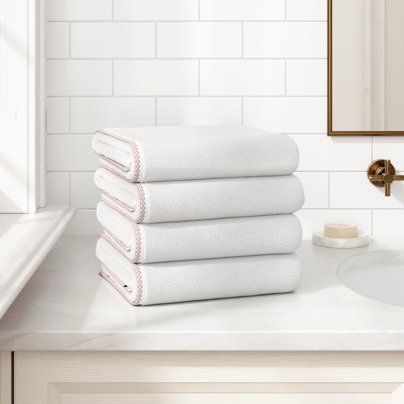 Linery & Co. Quick-Dry Cotton and Decorative Border Towel Set - White / Rosewood - Bath Towel (Pack of 4)