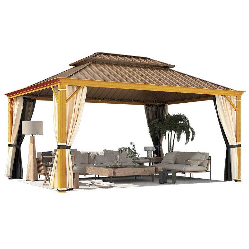 EROMMY Hardtop Patio Gazebo with Double Roof and Privacy Curtains, 12x16 FT Permanent Outdoor Metal Gazebo for Backyard, Deck
