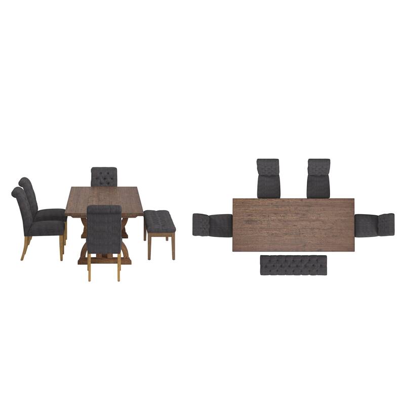 Bratislava Reclaimed Wood Table with Rolled Top Tufted Chairs Dining Set