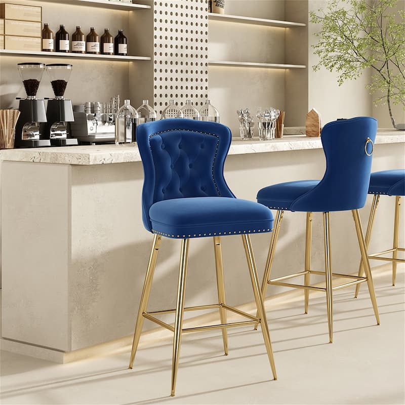 Velvet Bar Stools with Metal Legs, Button Tufted and Nailheads Trim (Set of 2)