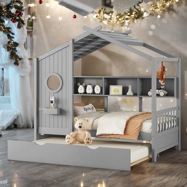 slide 2 of 18, Modern Design Twin Size House Bed with Wooden Trundle-Gray Gray