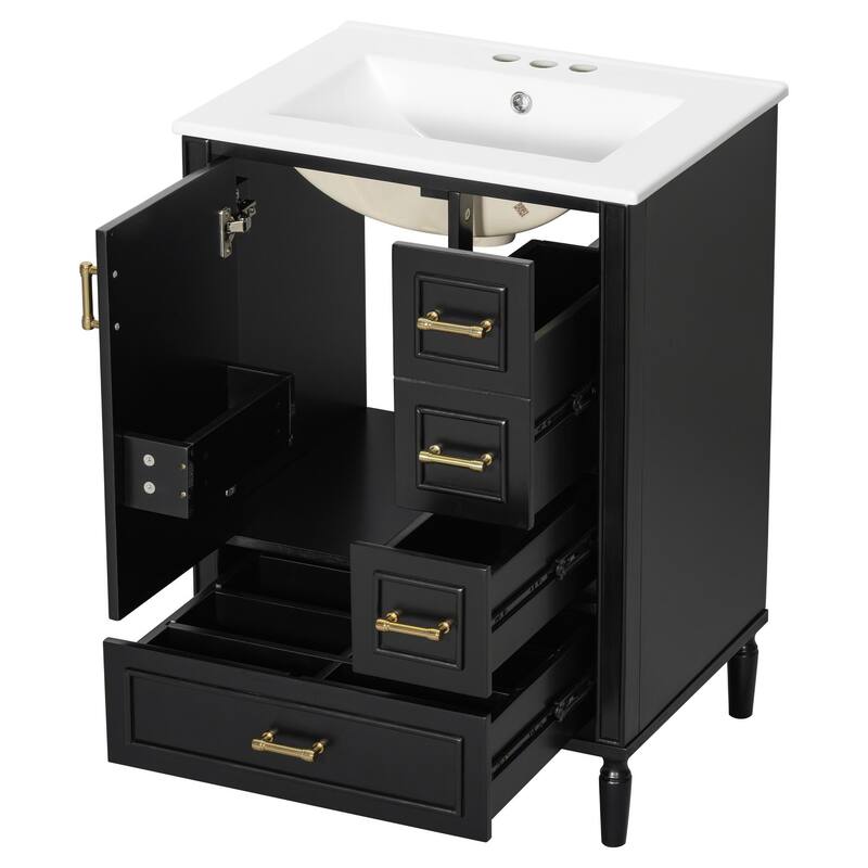 24" Modern Bathroom Vanity with Ceramic Sink, Soft-Close Door, 3 Drawers, Gold Handles, and Door-Mounted Rack