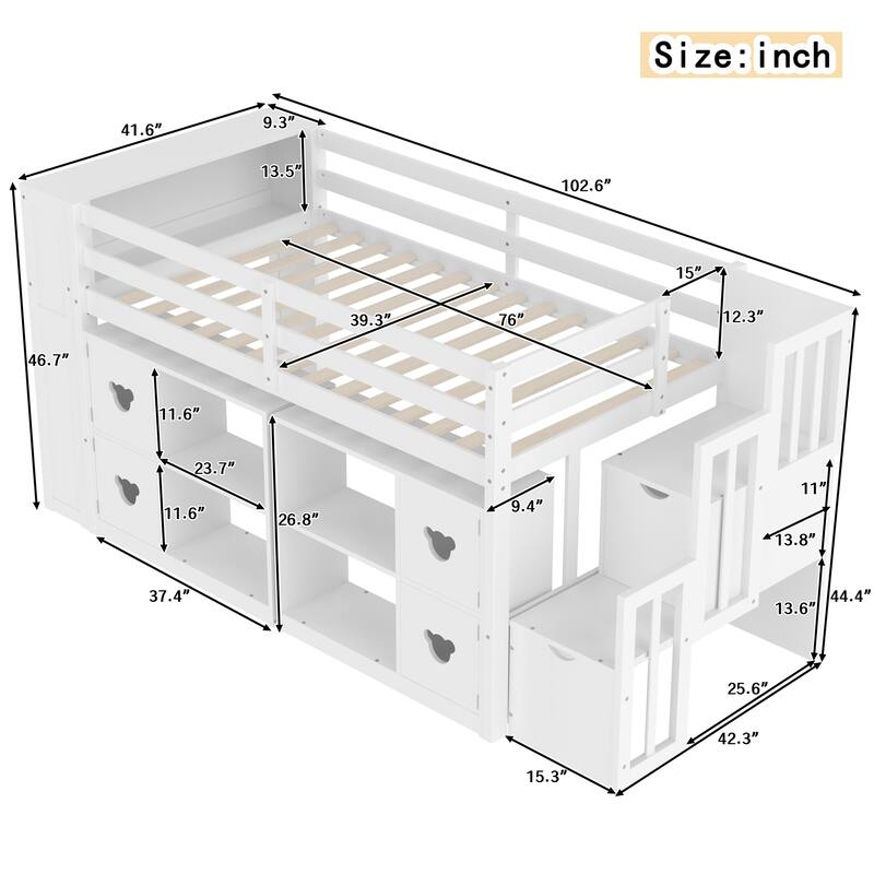 Twin Low Loft Bed with Storage Headboard, Shelves, Stair Drawers & LED Lights, Space-Saving Kids Wooden Loft Frame