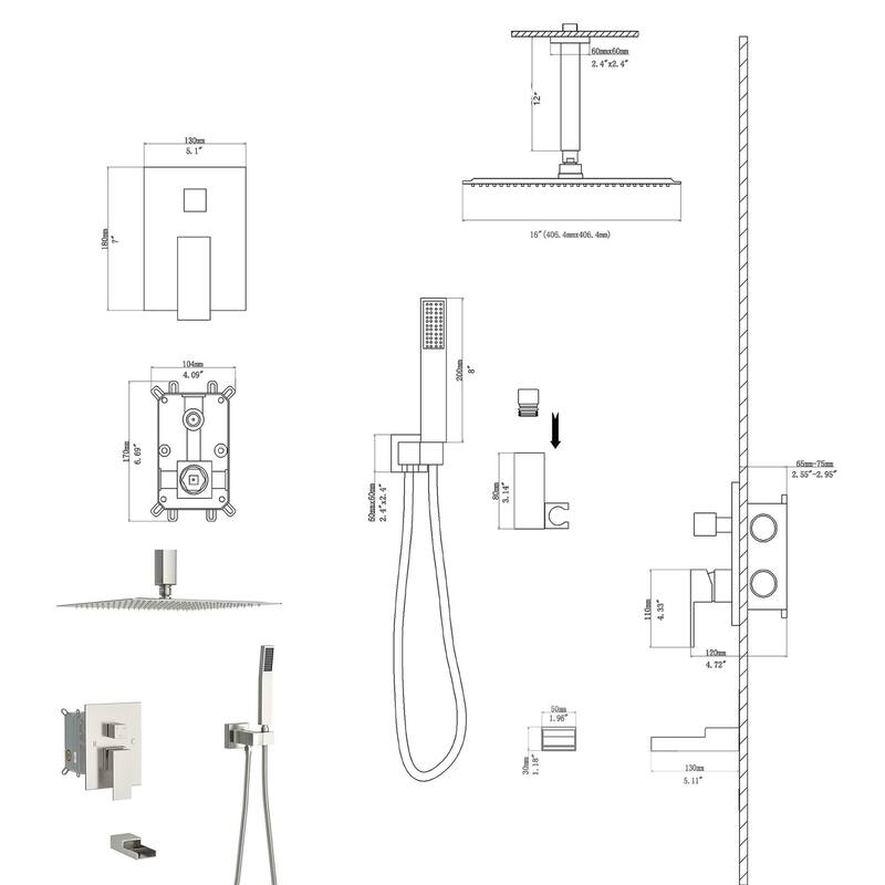 Ceiling Mount Shower with Waterfall Tub Spout and Hand Shower