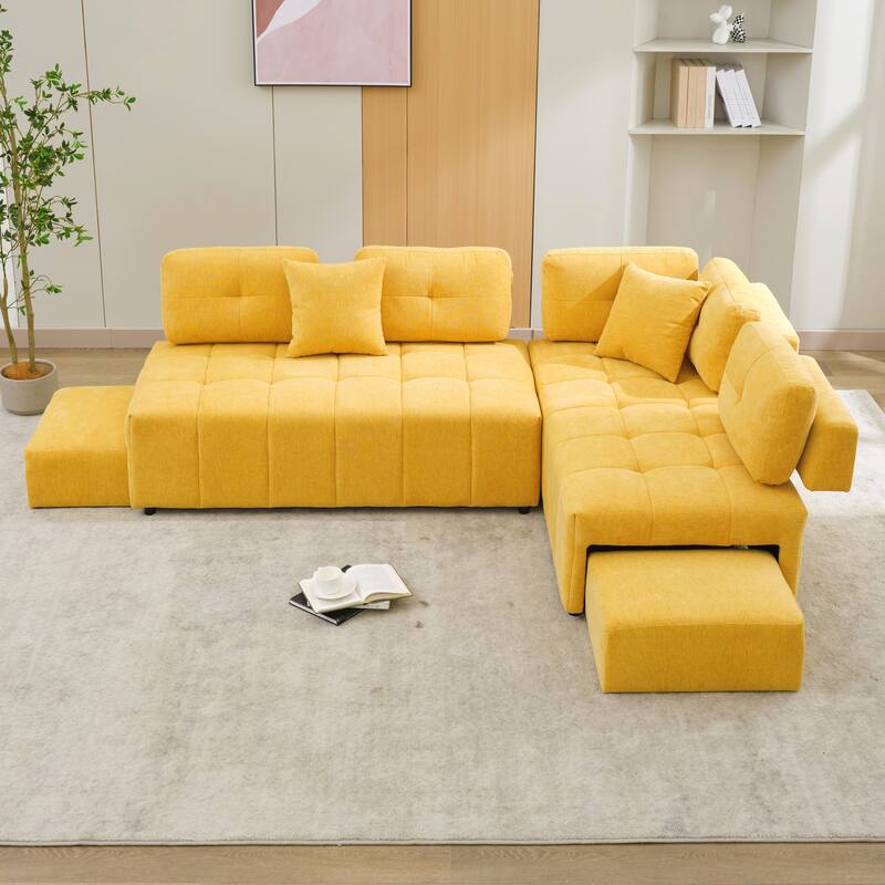91.73" L-Shaped 4-Seat Sectional Sofa with 2 Hidden Stools, 2 Removable Lumbar Cushions, and Durable Chenille Fabric