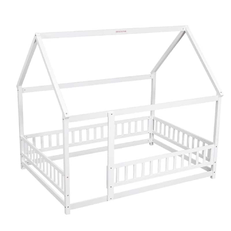 Full Size House Floor Bed Frame with Roof Fence Guardrails for Kids - White