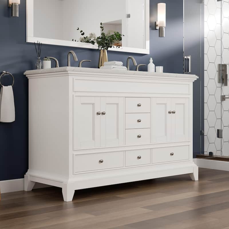 Elite Stamford 48" White DS Bath Vanity with Carrara Quartz Top & Undermount Sinks